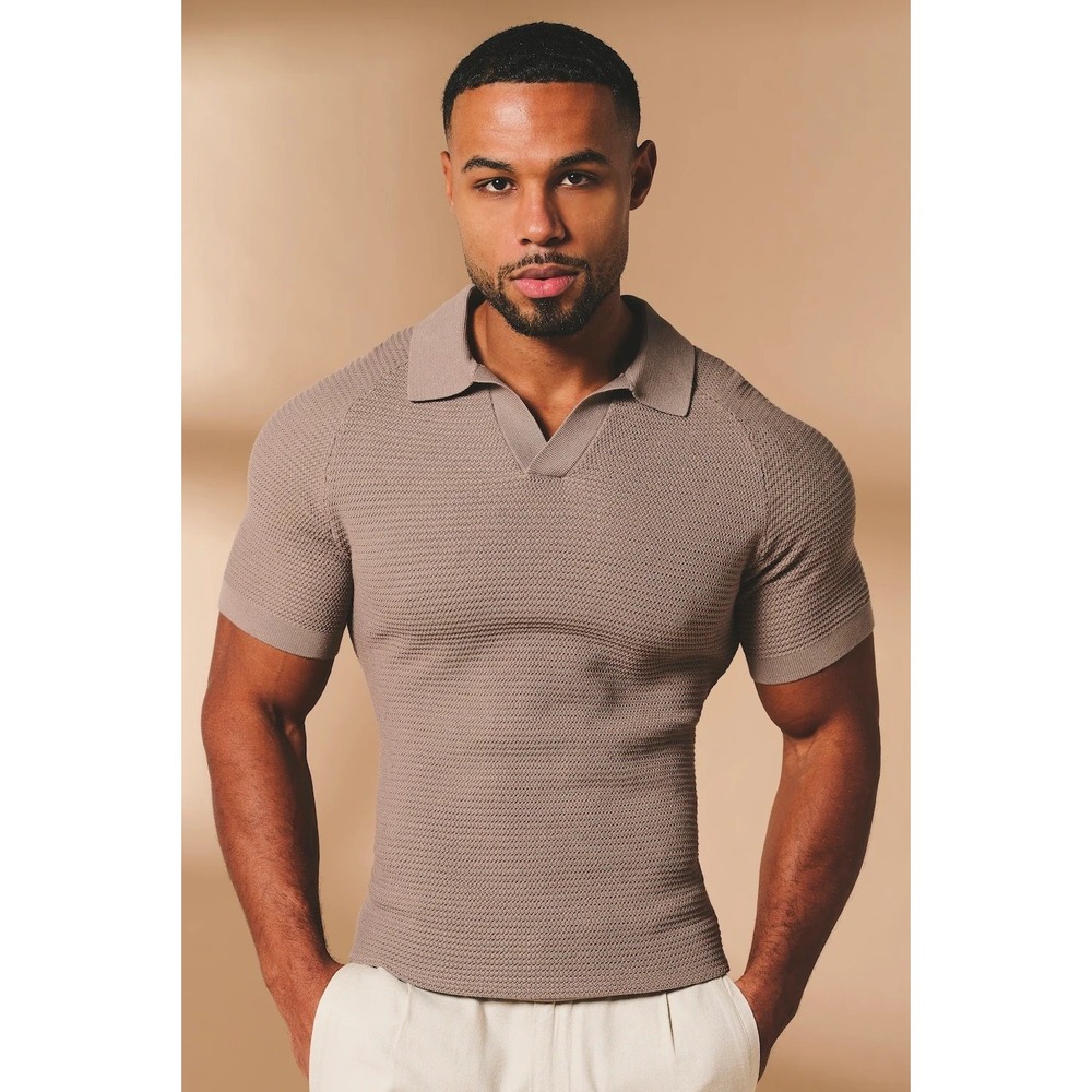 Tailored Athlete Vertical Stripe Knitted Open Collar Polo Shirt Taupe Brown XL
